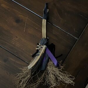 Decorative Miniature Broom with Feathers and Ribbon
